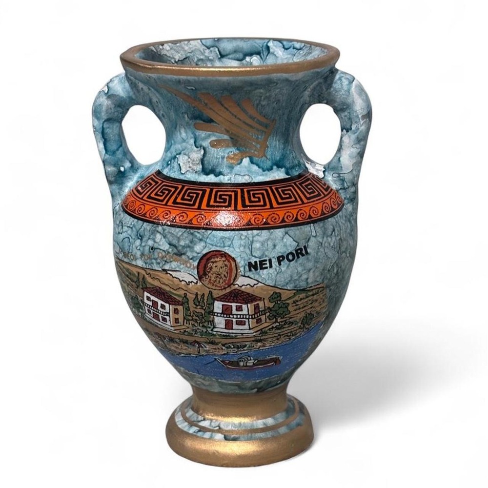 Vintage Greek Souvenir Amphora Vase Nei Pori Blue Faux Marble Gold Trim 4.5"